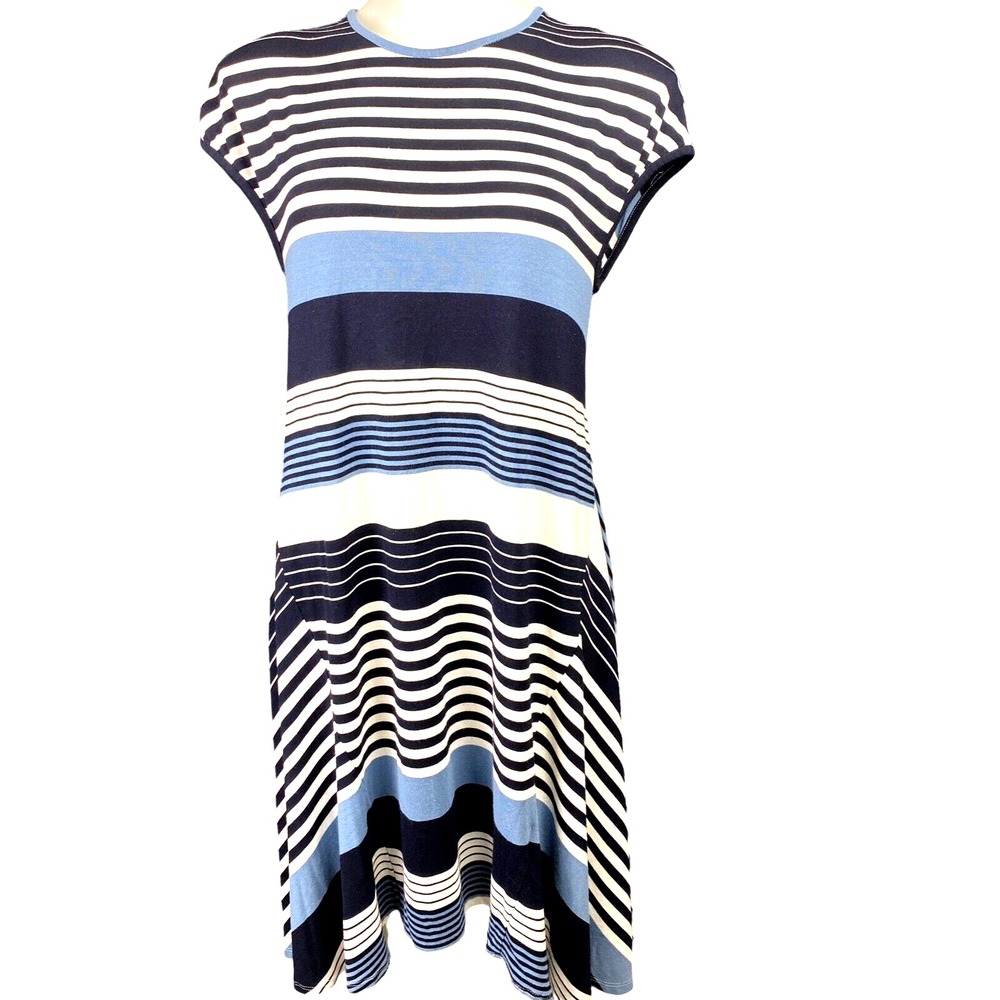 Ivy & Blu Sheath Dress Cap Sleeve Size 8 White Black Blue Stripe Asymmetric Hem